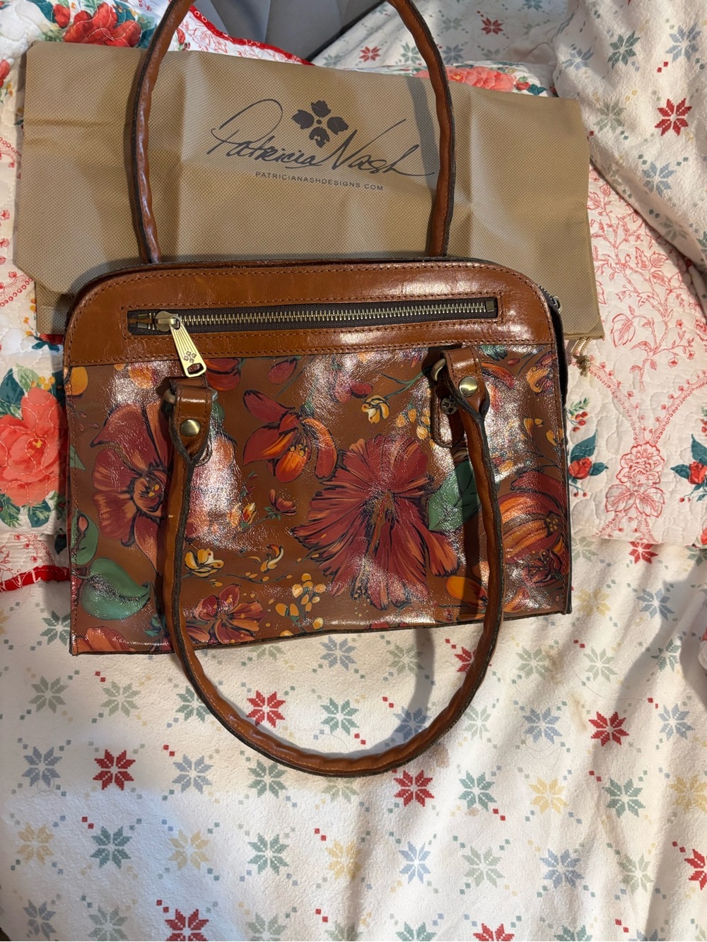Patricia Nash Brown Floral Leather Tote with Painted Blooms